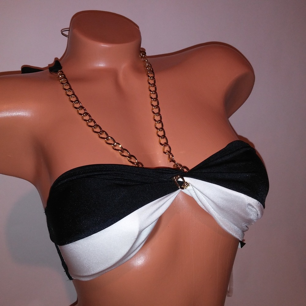 Victoria Secret Swim Bikini Top Small Black White Colorblock Chain Link Halter